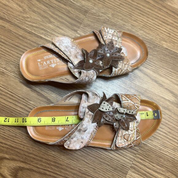 L'Artiste Spring Step Karina Leather Open Toe Sandal Flower Adorned Size 38 - Picture 9 of 10